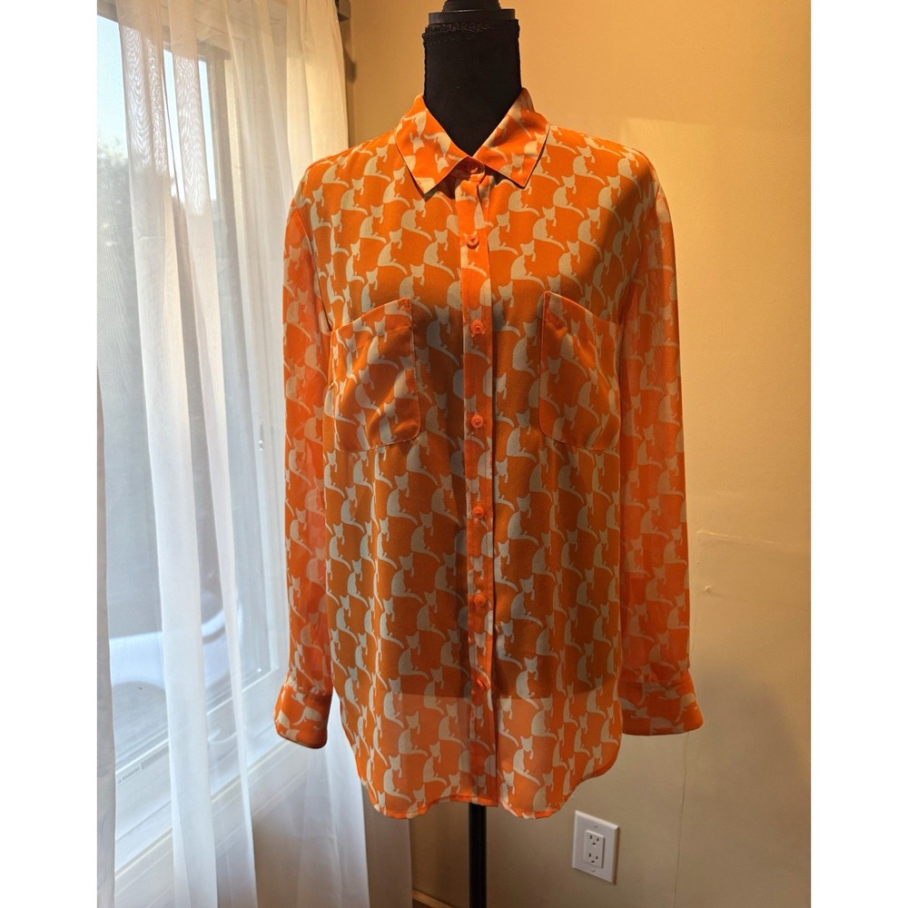 Coldwater Creek Orange White Abstract Button-Front Collared Long Sleeve Blouse M